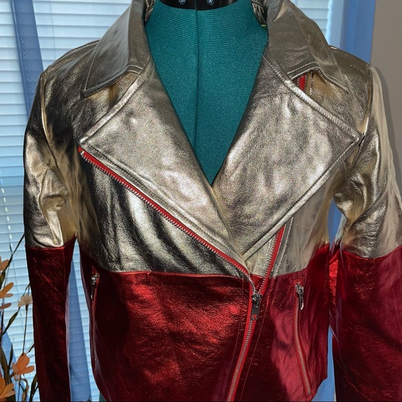 Honey Punch | Red & Gold Cropped Moto Jacket - Picture 2 of 5